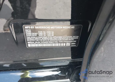 2019 BMW 530E Iperformance из США, поврежденный, VIN WBAJA9C55KB398775